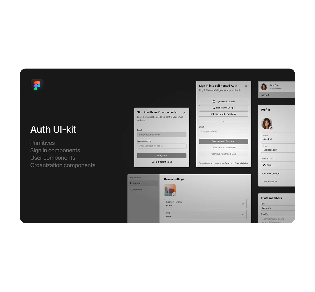 Dark-themed Figma canvas showing Skeleton components, search, and cards. Demonstrates on-brand UI with tokens and themes.
