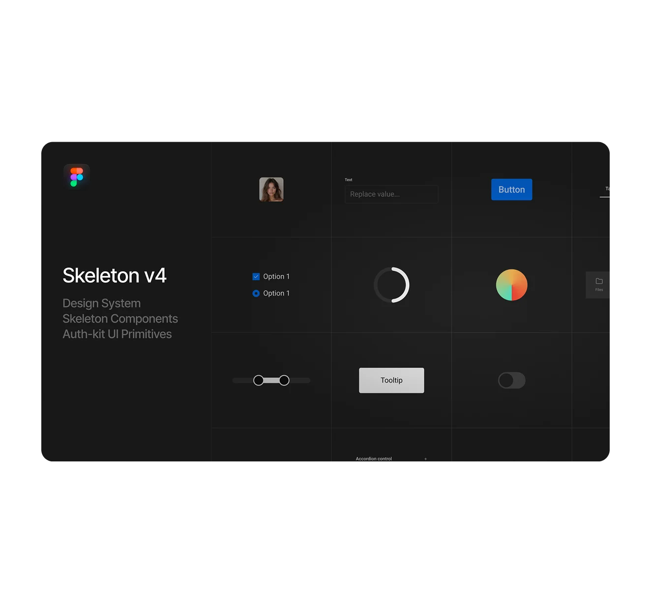 Dark-themed Figma canvas showing Skeleton components, search, and cards. Demonstrates on-brand UI with tokens and themes.